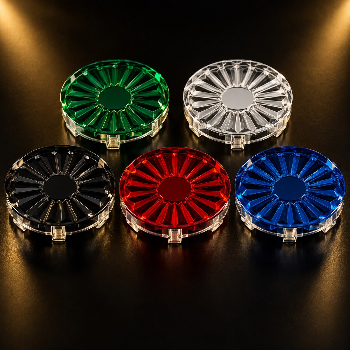 Green, white, black, red and blue acrylic lowrider wire wheel chips