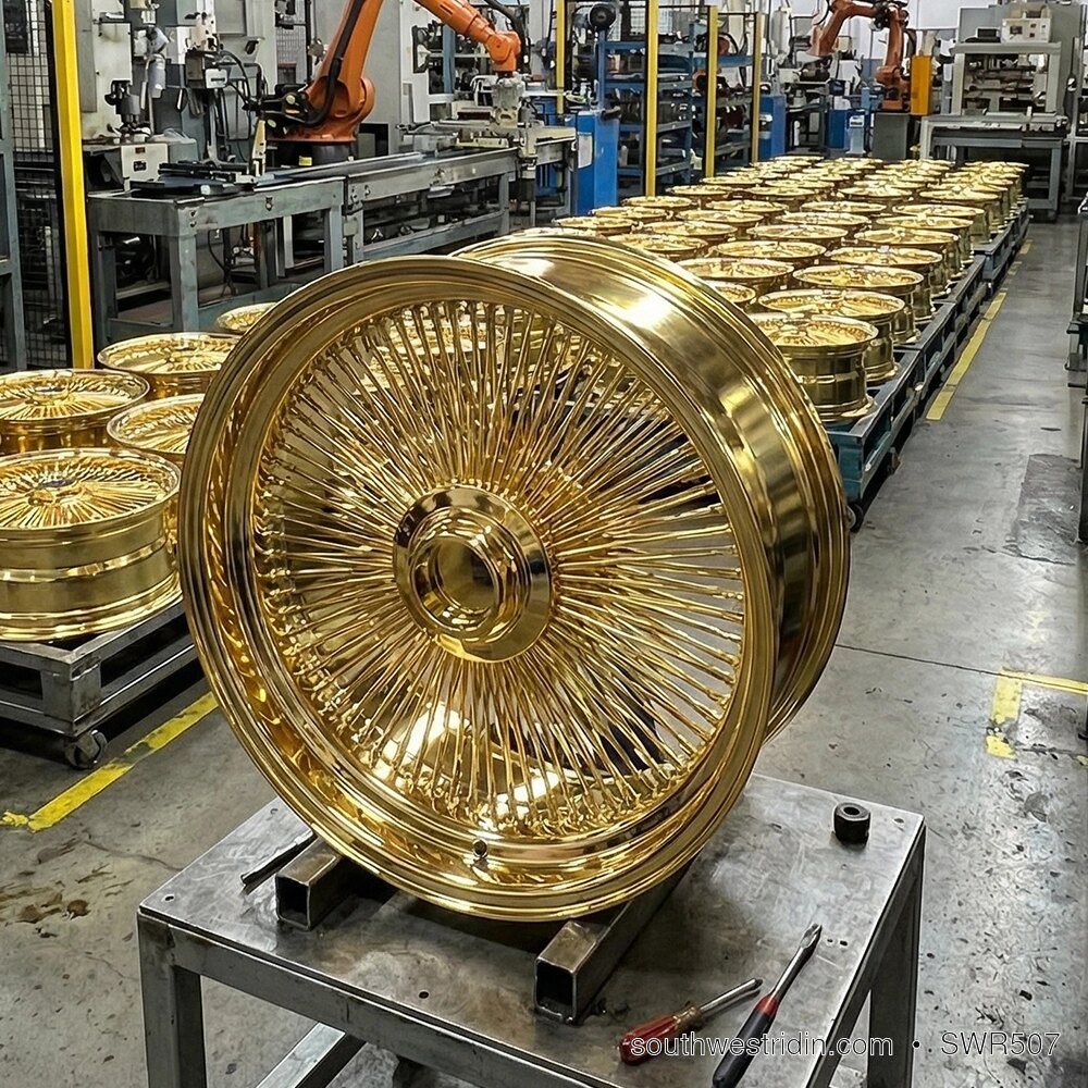 Gold lowrider wire wheels in production