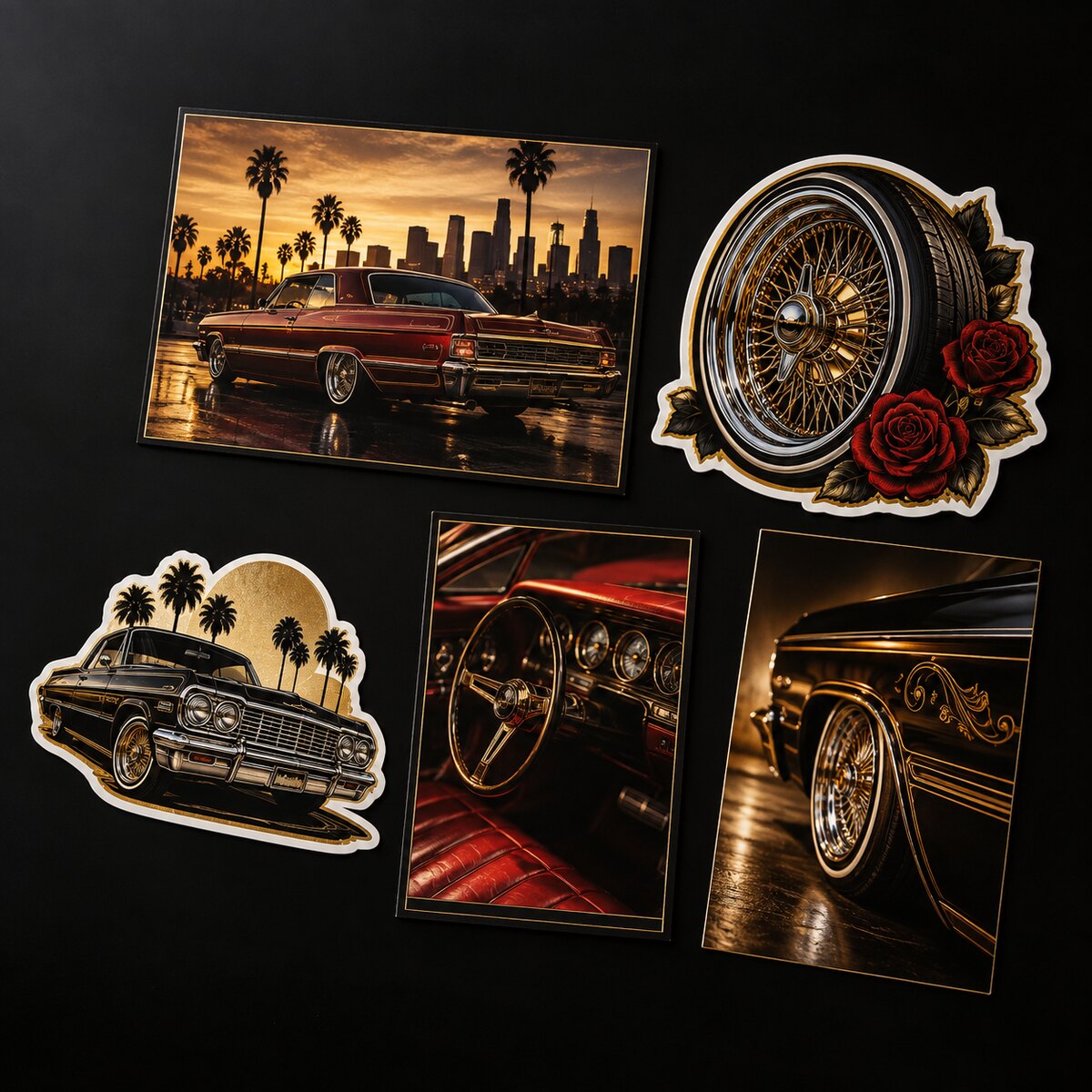Five lowrider stickers and postcards