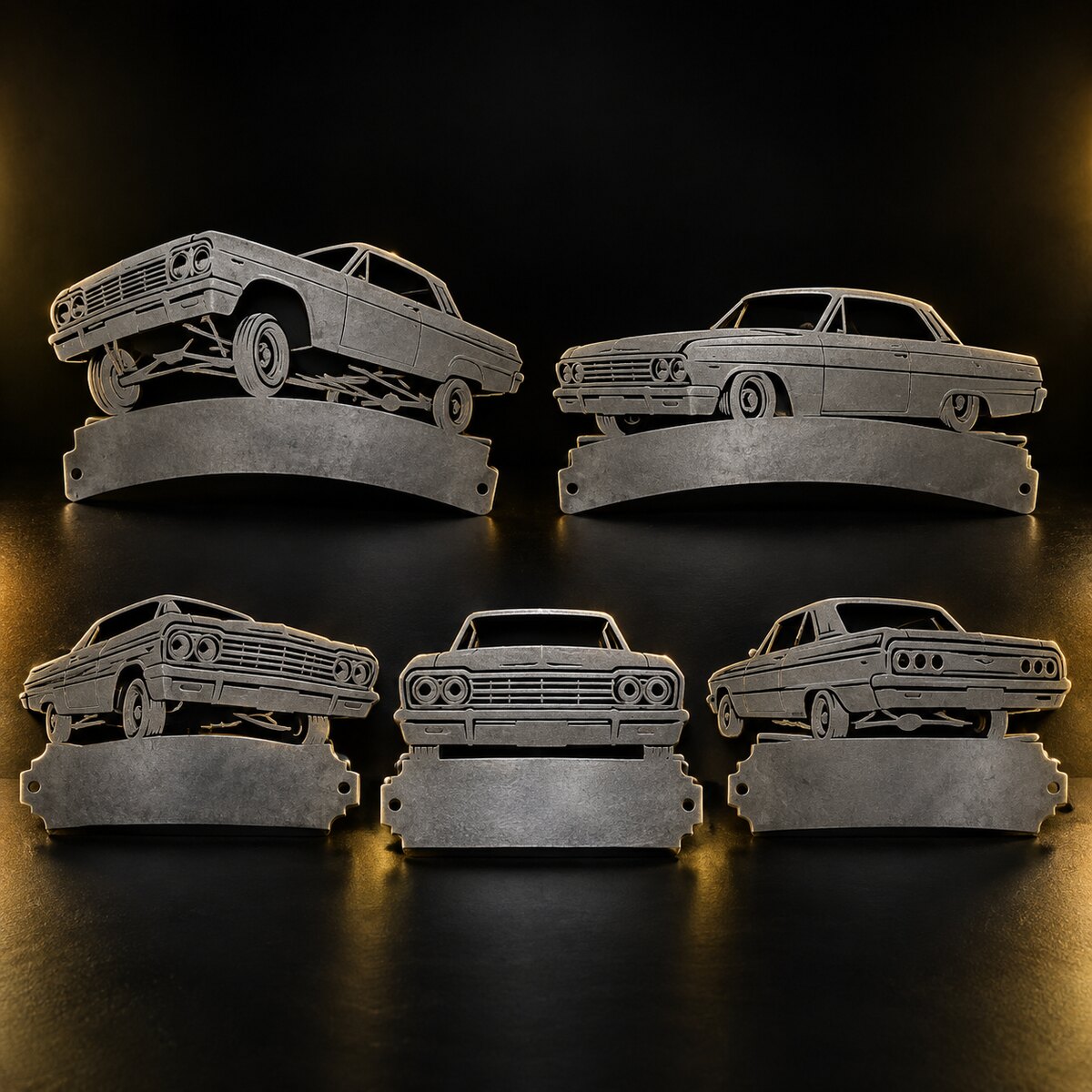 Five raw metal lowrider car club plaques