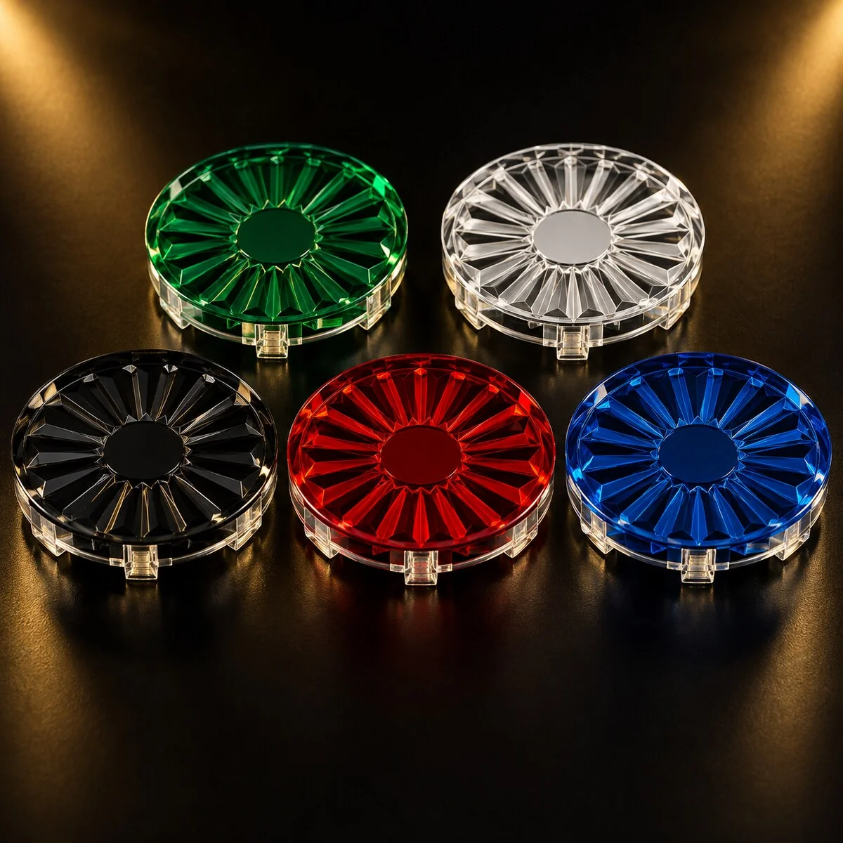 Green, white, black, red and blue acrylic lowrider wire wheel chips