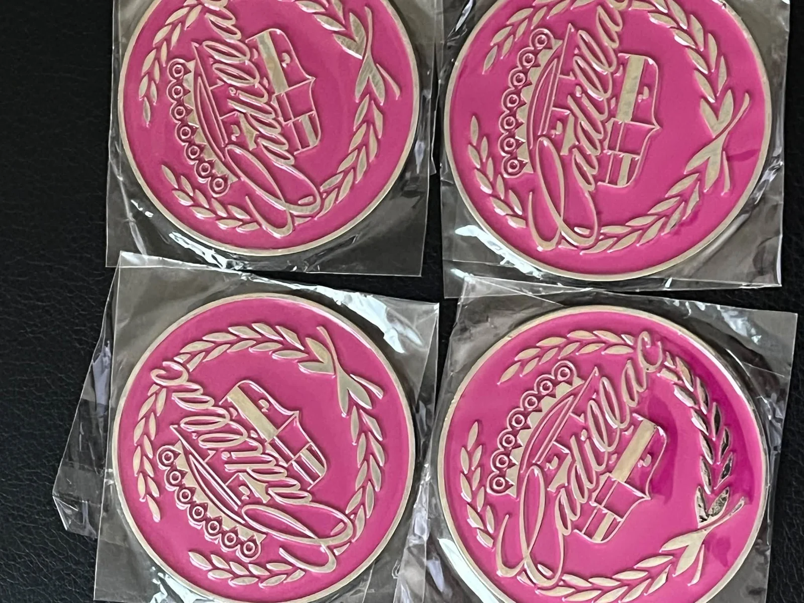 Cadillac script — pink lowrider wire-wheel chips