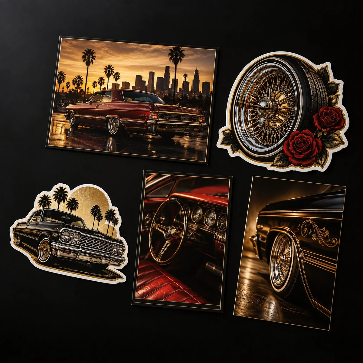 Five lowrider stickers and postcards