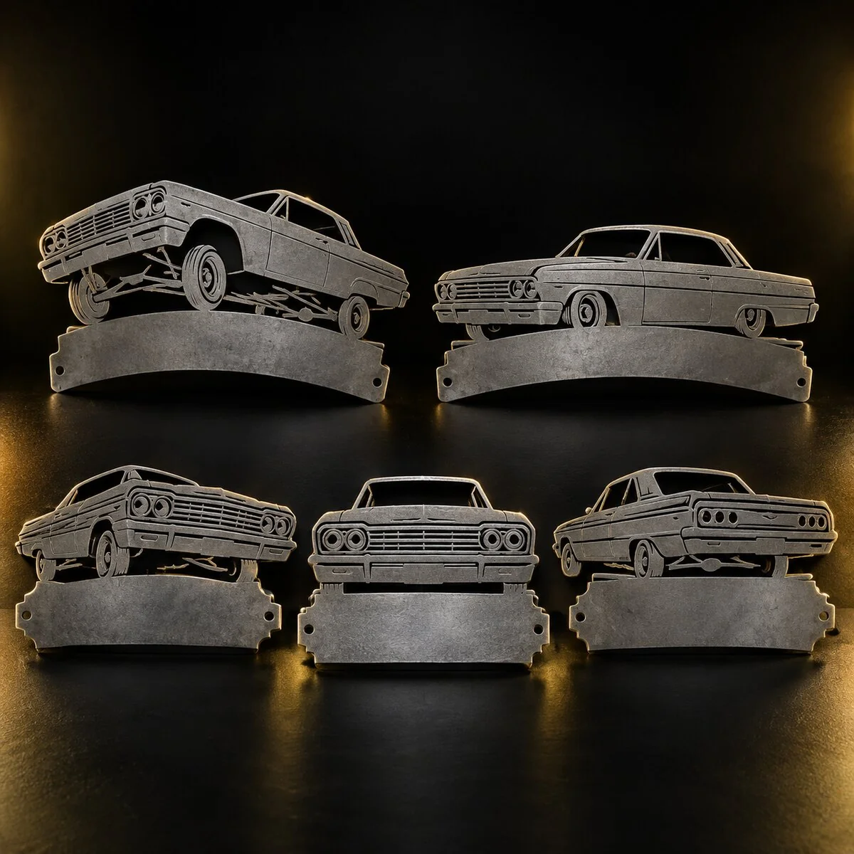 Five raw metal lowrider car club plaques