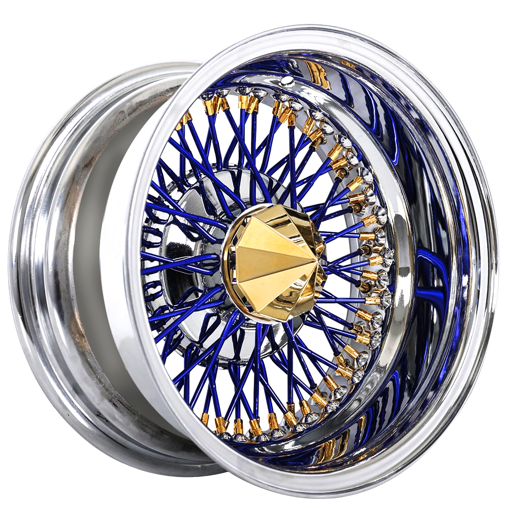 SWR Blue Spoke with American Gold Plating Nipple and Chrome Lip cross lace wire-wheel finish reference
