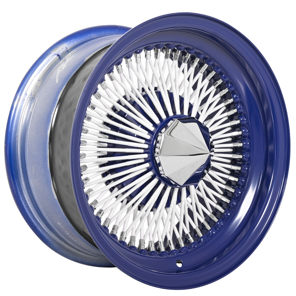 SWR Candy Blue with White Spokes and Chrome Accents straight lace wire-wheel finish reference