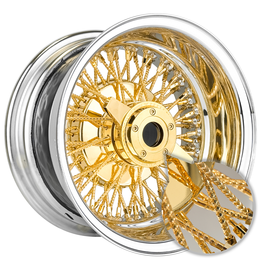 SWR Chrome with American Gold Plating Spokes and Knock-Off cross lace wire-wheel finish reference